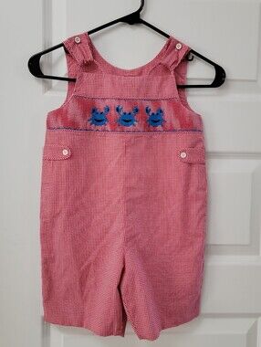 Mom & Me boys boutique red white checked crabs overall romper 3 years EUC